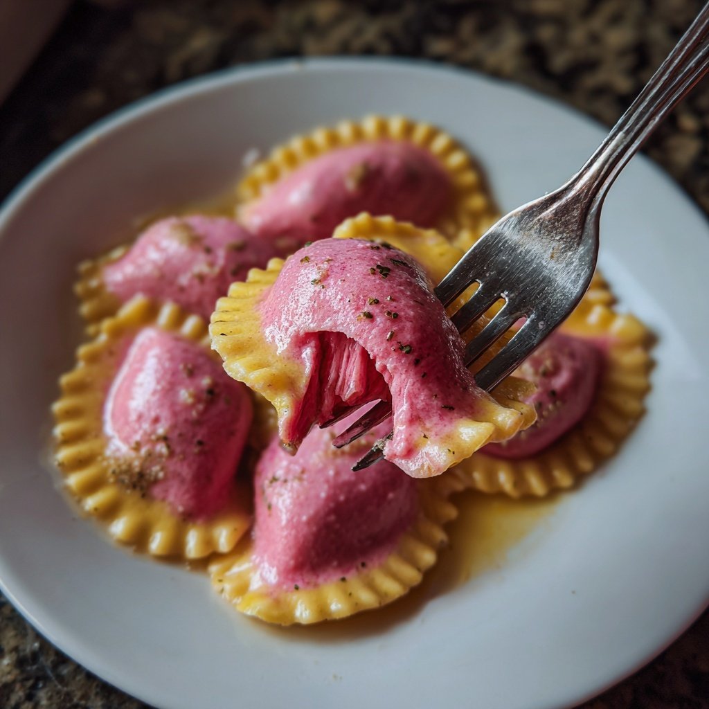 Pink Beet Ravioli in Butter Sage Sauce