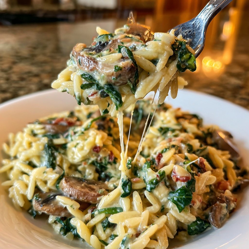 Romantic Creamy Spinach Mushroom Orzo